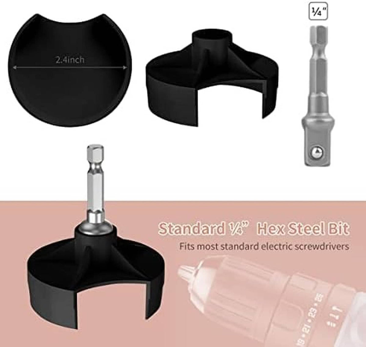Black circular knitting accessory with standard 1/4 in hex steel bit for screwdrivers