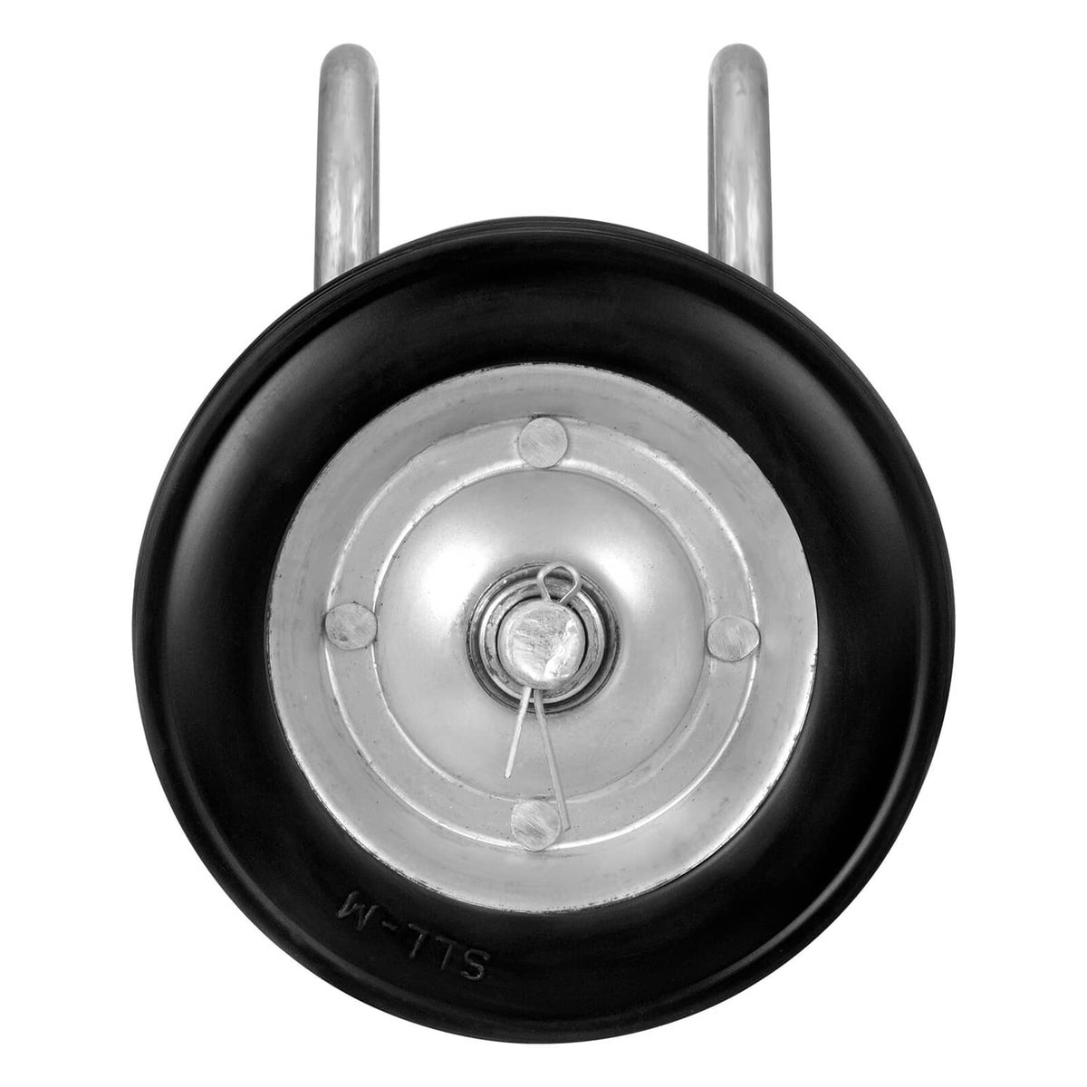 Sliding gate caster wheel with black rubber tread and silver metal wheel hub