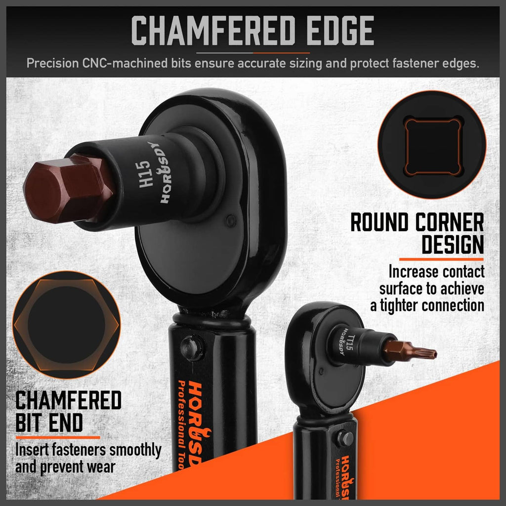 Black Torx bit socket with chamfered edge and rounded-corner design