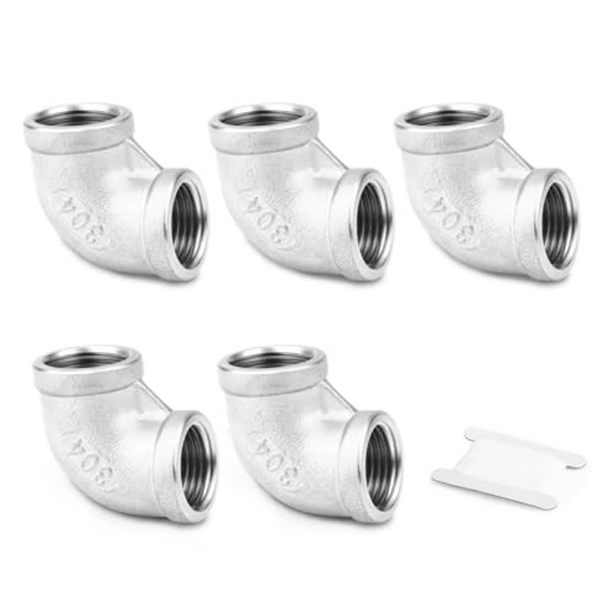Stainless steel 90-degree elbow fittings with threaded female ends and 90-degree bends.