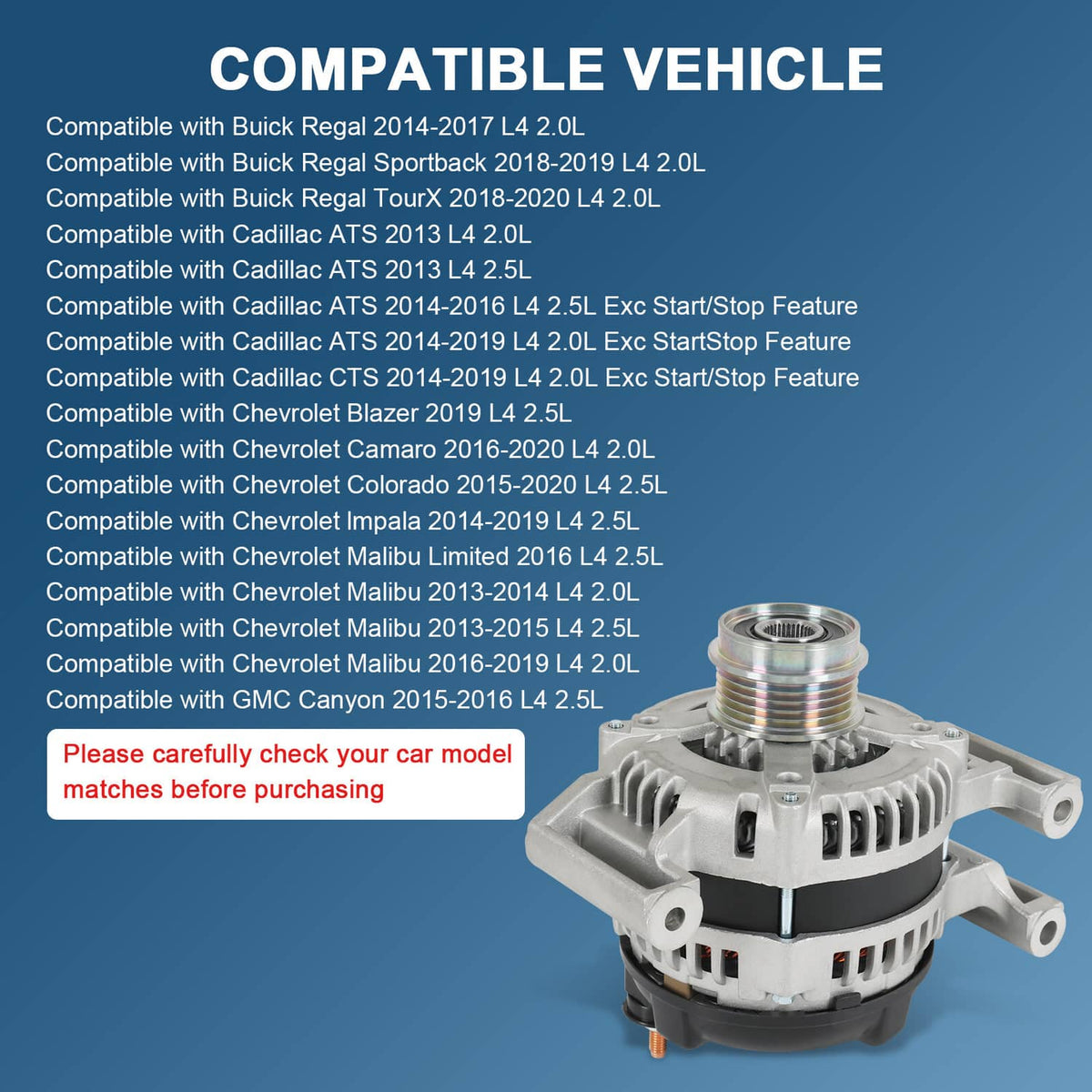 Automotive alternator assembly with pulley, silver body, and black rear connectors