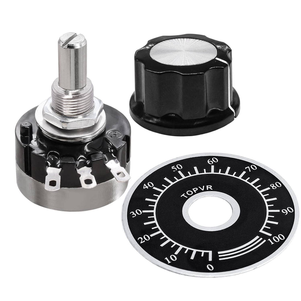 Rotary potentiometer with black top knob, metal base, and threaded shaft