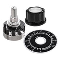 Rotary potentiometer with black top knob, metal base, and threaded shaft
