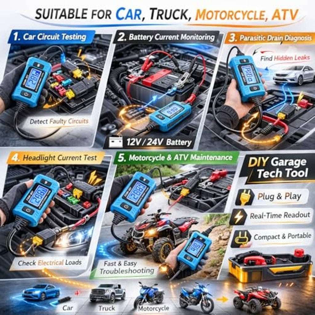 Blue automotive current circuit tester with connected leads for multiple vehicle tests