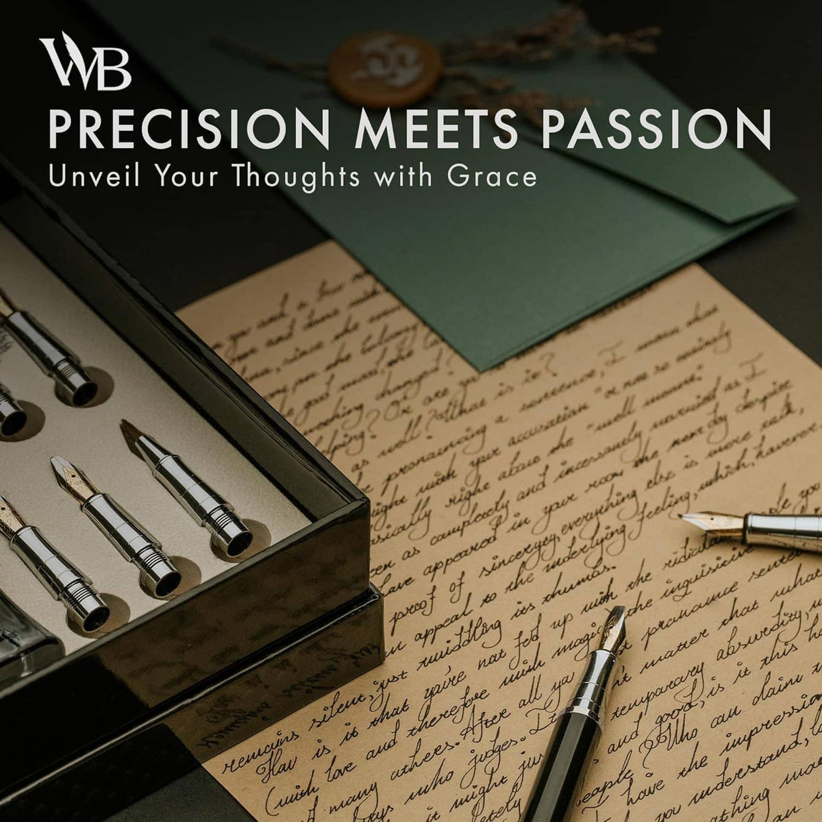 Calligraphy pen set in open case with pens and ink bottle