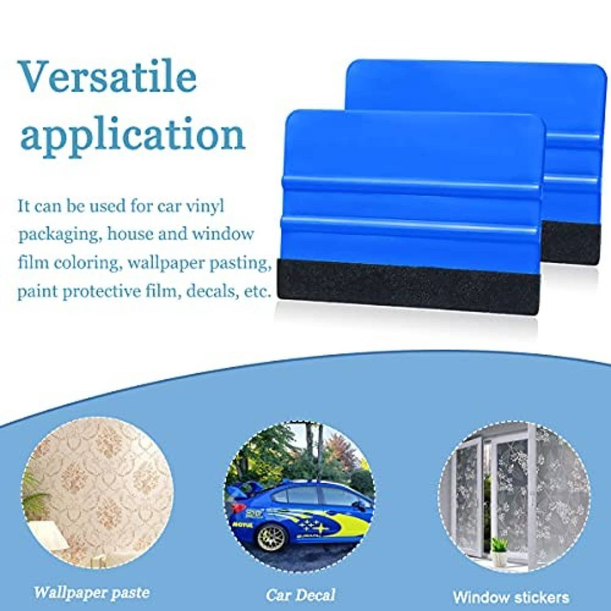 Blue squeegee tool with black felt edge, compact handheld design