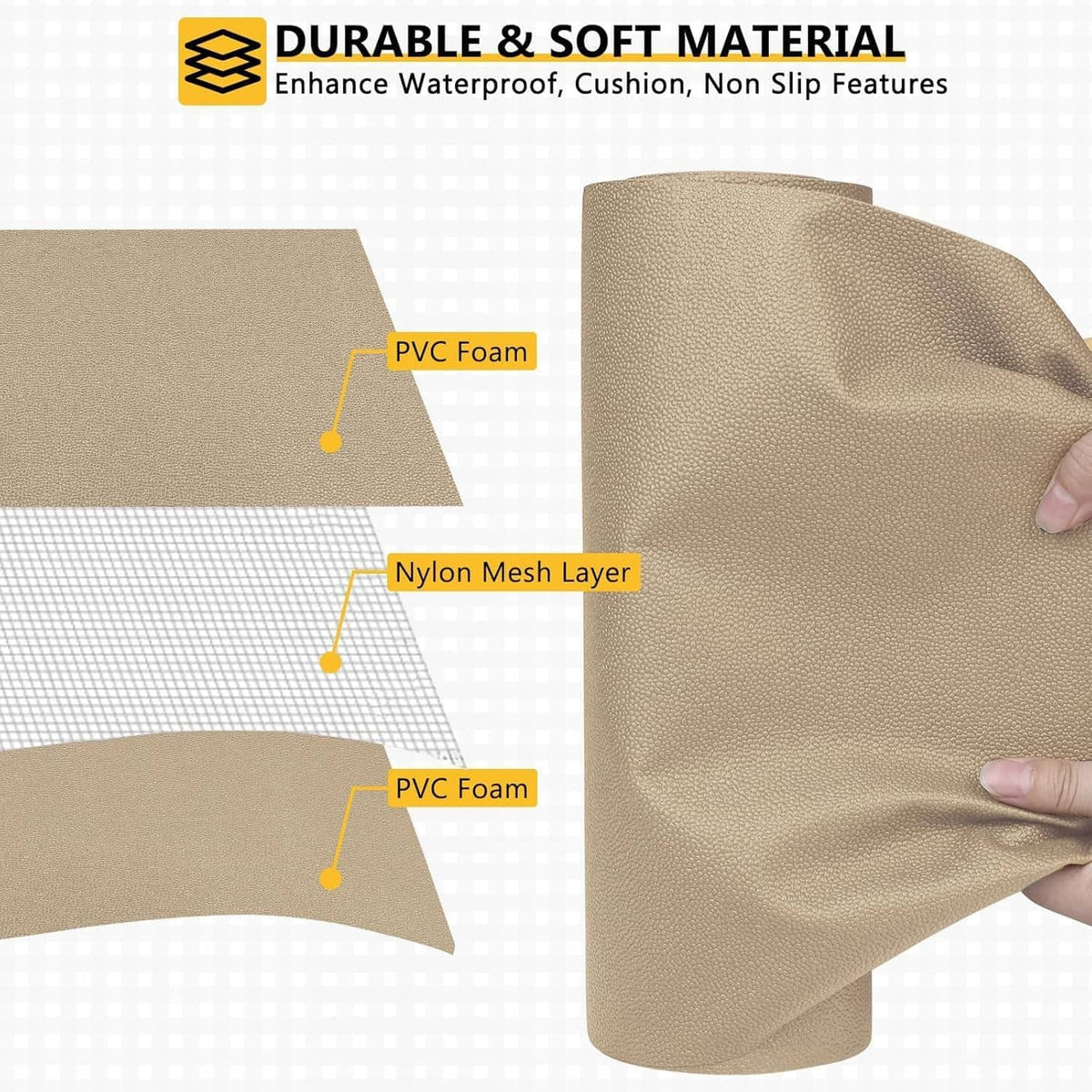 Multi-layer beige foam liner mat with PVC foam and mesh layer details