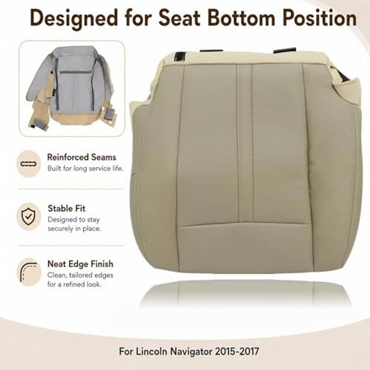 Tan leather front seat bottom replacement cover for driver side, with visible side tab.
