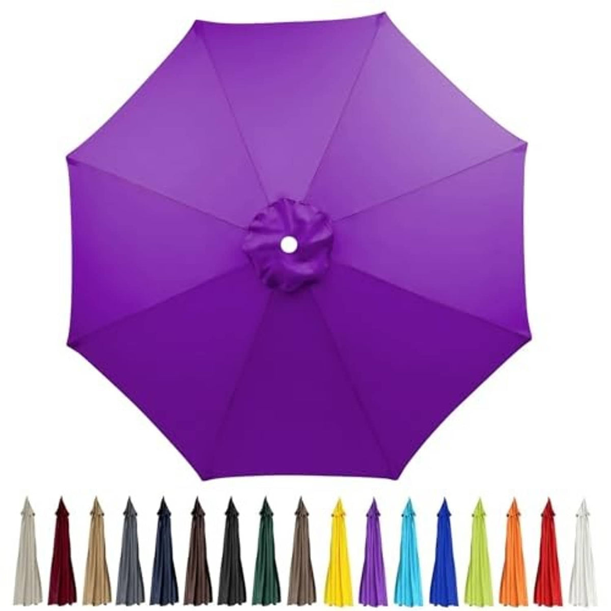 Purple octagonal umbrella replacement canopy with center vent, shown with matching color options