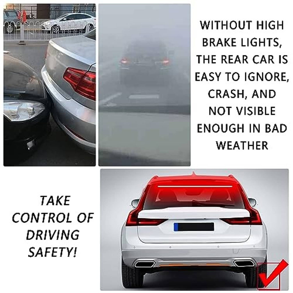 Car rear with illuminated red third brake light bar for improved visibility