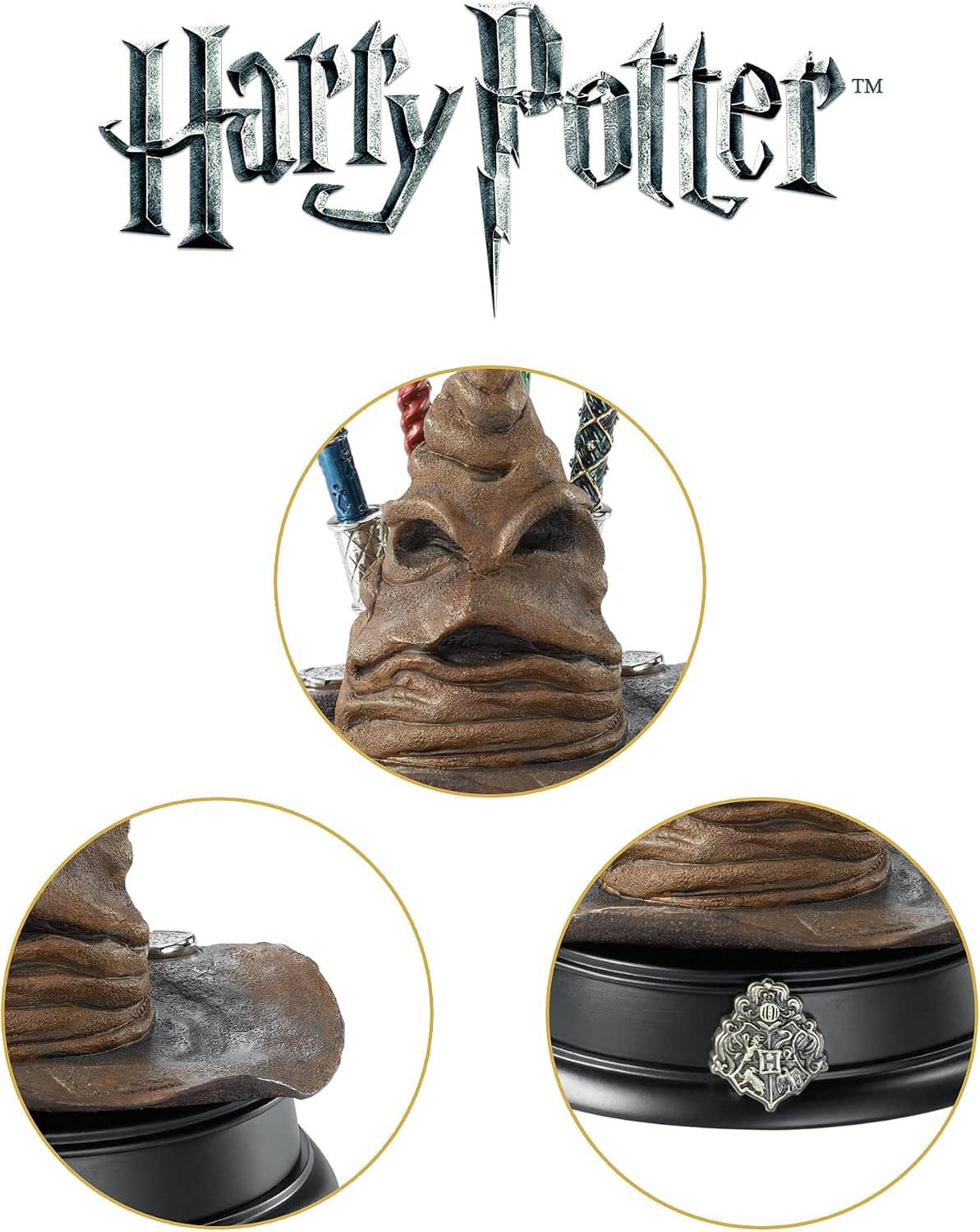 Sorting hat pen holder with close-up details of hat face, wands, and black base crest