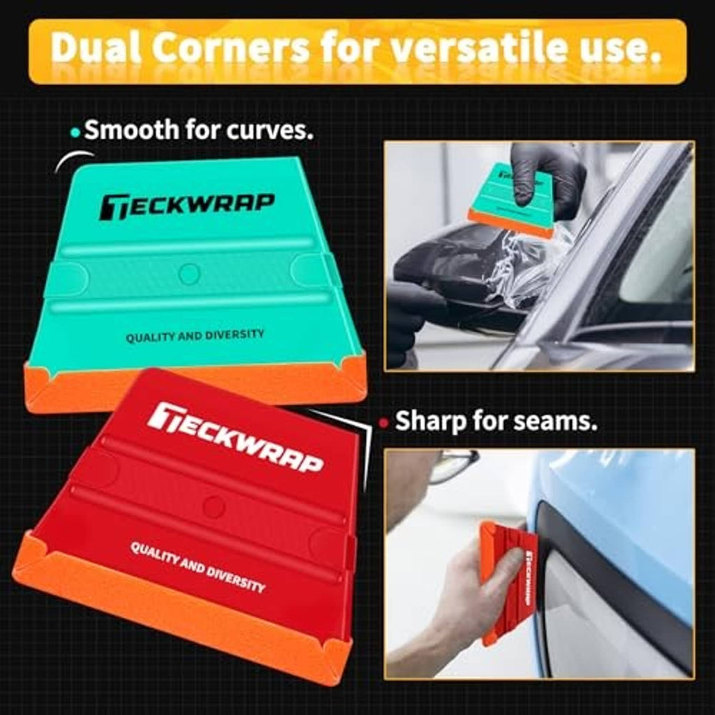 Dual-corner trapezoid felt squeegees in teal and red with orange bottom edges.