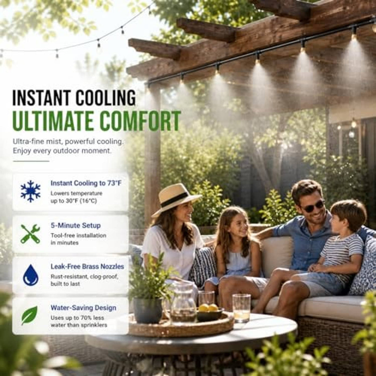 Outdoor misting cooling system spraying fine water mist over patio seating