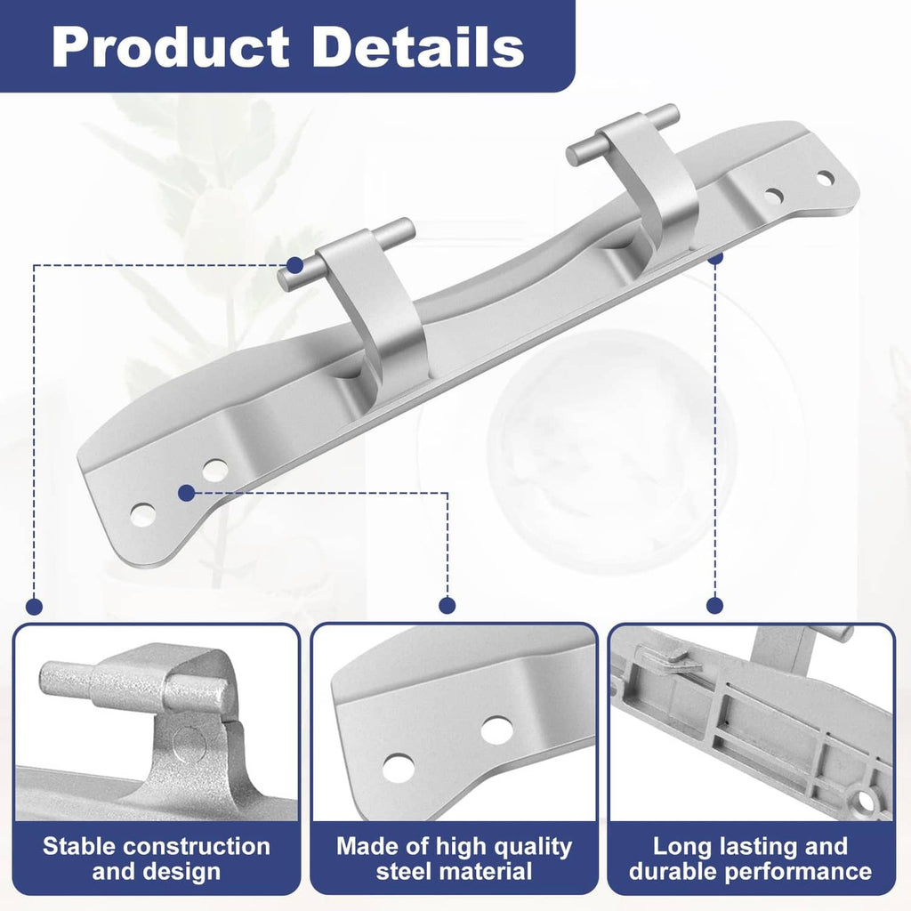 Washer door hinge bracket with two hinge arms and mounting holes, product detail view