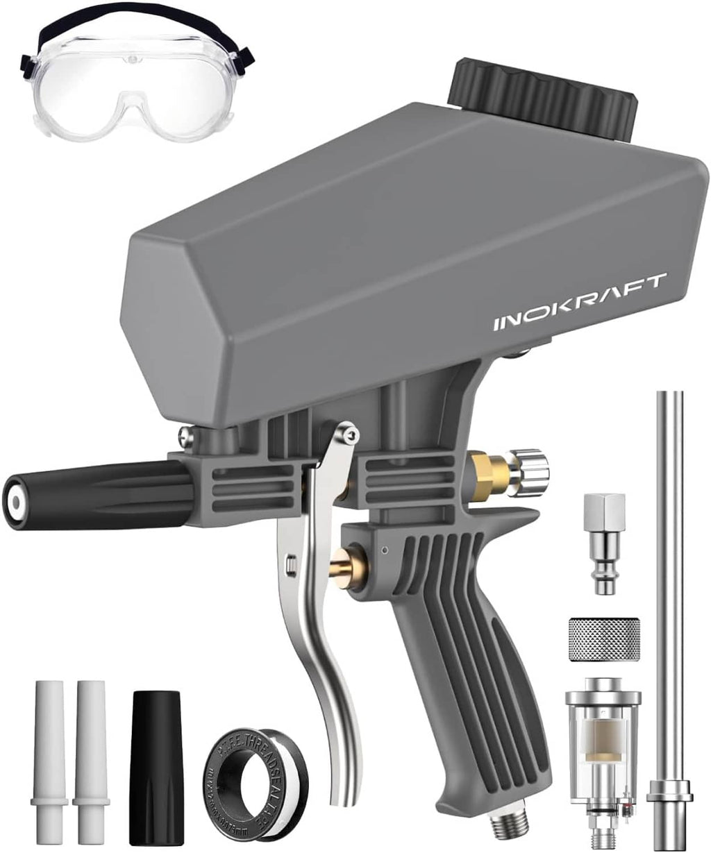 Sand blaster gun kit with gray hopper, brass fitting, and oil-water separator components