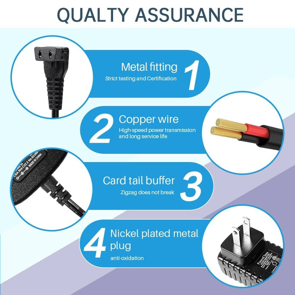 Black charger cable with metal plug, copper wire, and nickel-plated contacts