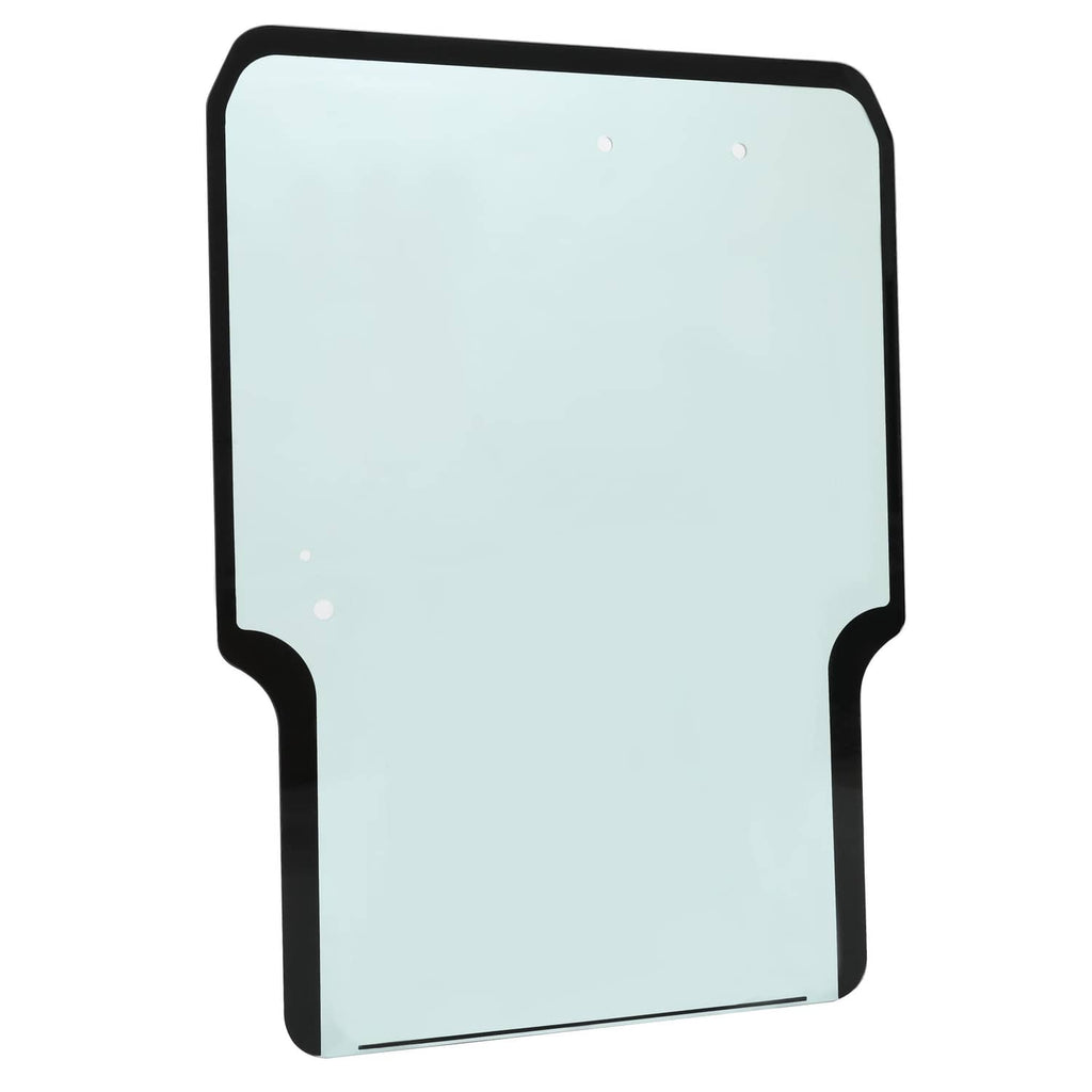 Front door window glass panel with black border and light blue-tinted rectangular shape