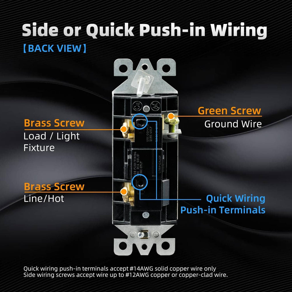 Back view of single-pole wall switch showing wiring terminals and brass screws