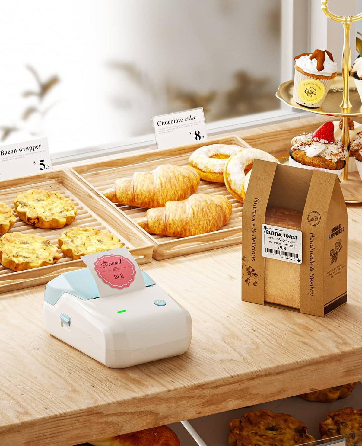 Light blue NIIMBOT label maker with printed labels near packaged food items