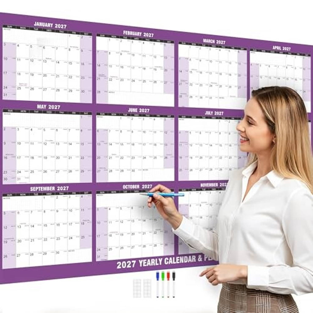 Purple 2027 wall calendar planner full-year monthly layout with hanging tabs