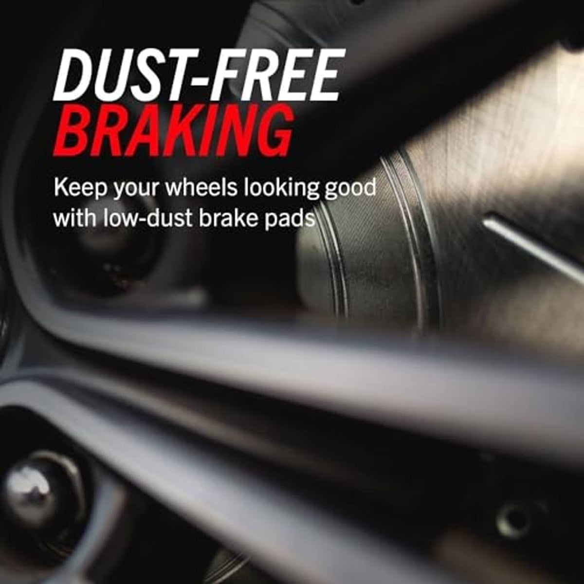 Brake rotor and wheel close-up with dust-free braking promo graphic
