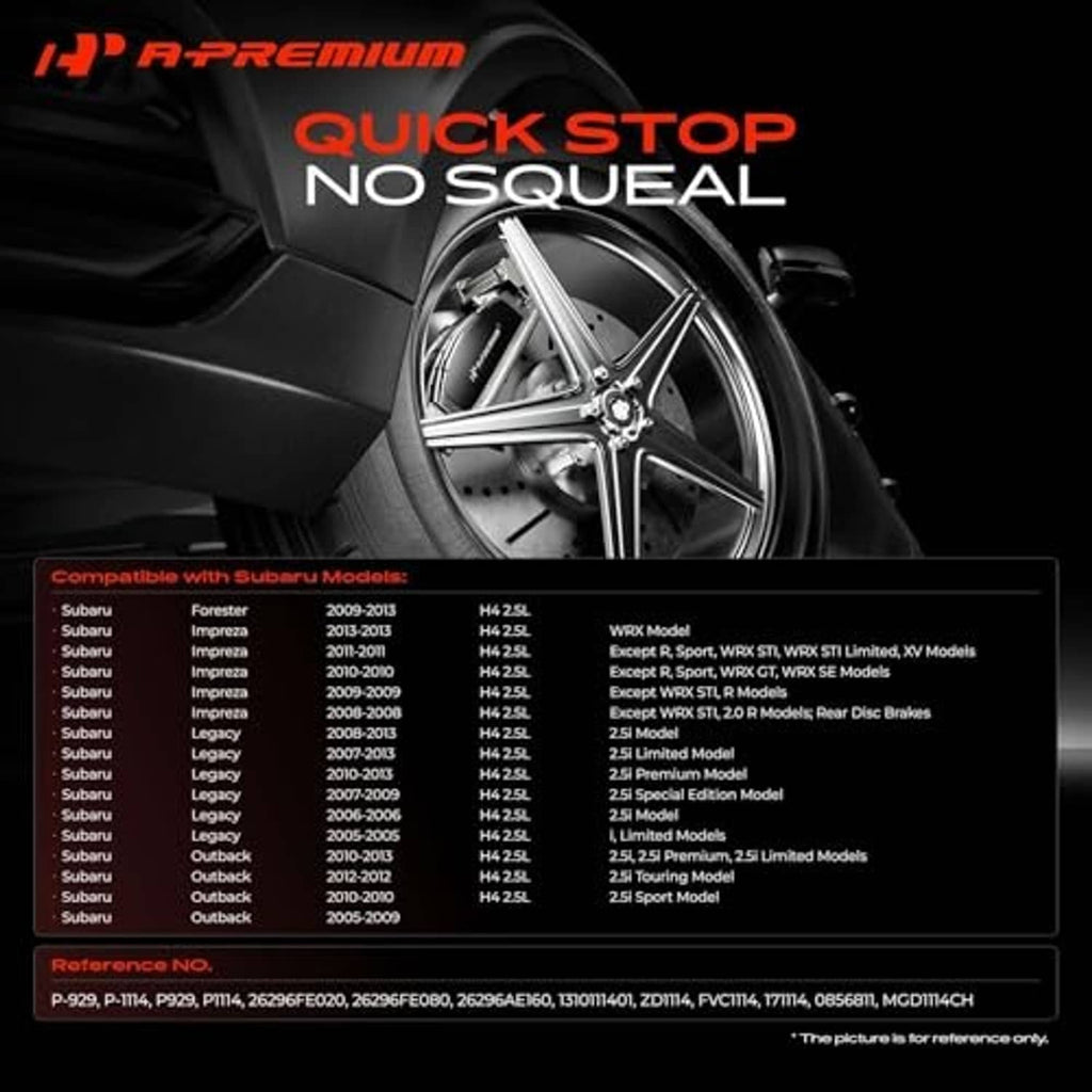 Front and rear brake pad compatibility chart poster with listed Subaru models and years