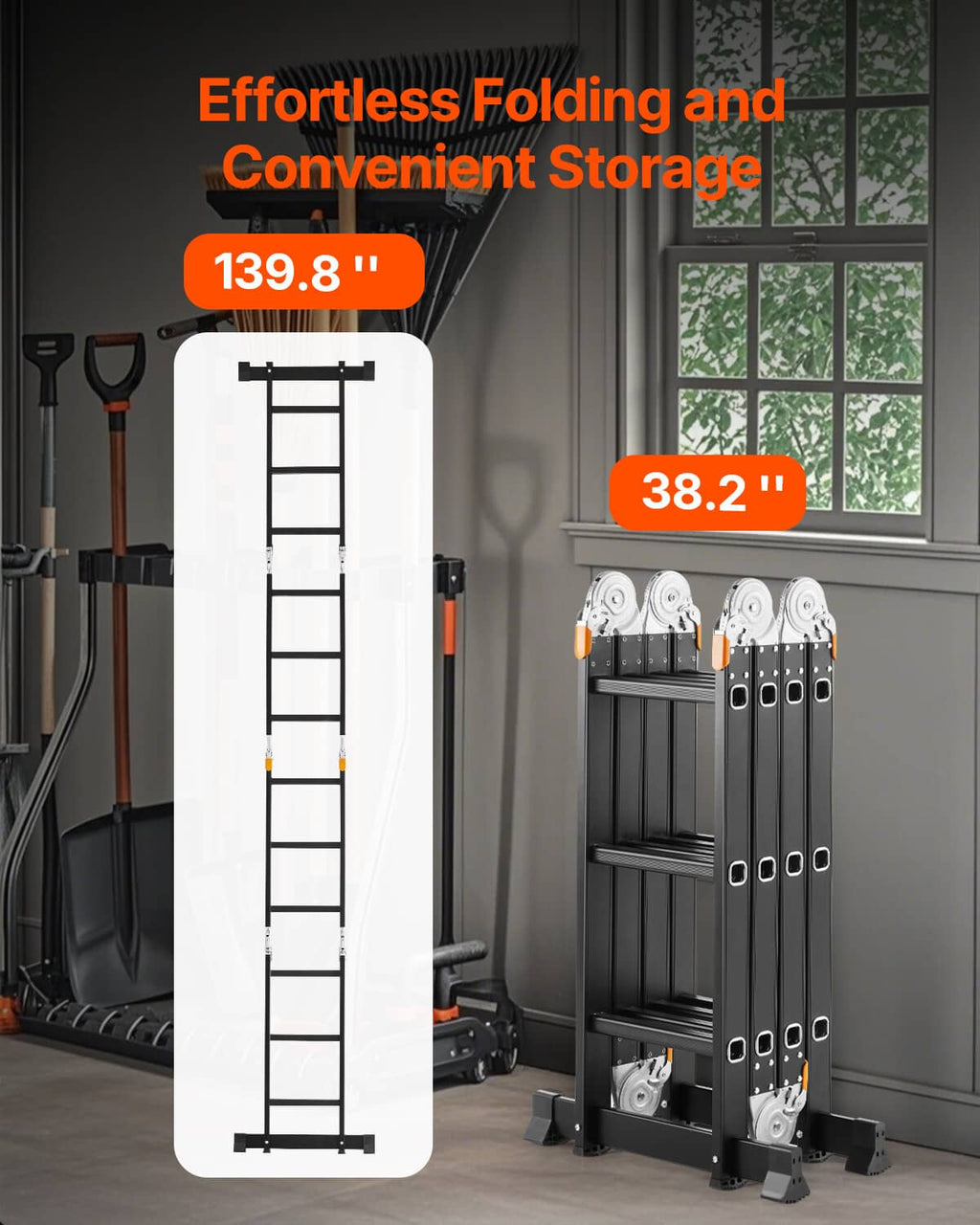Folding ladder in storage position, black frame with gray top step and orange accents