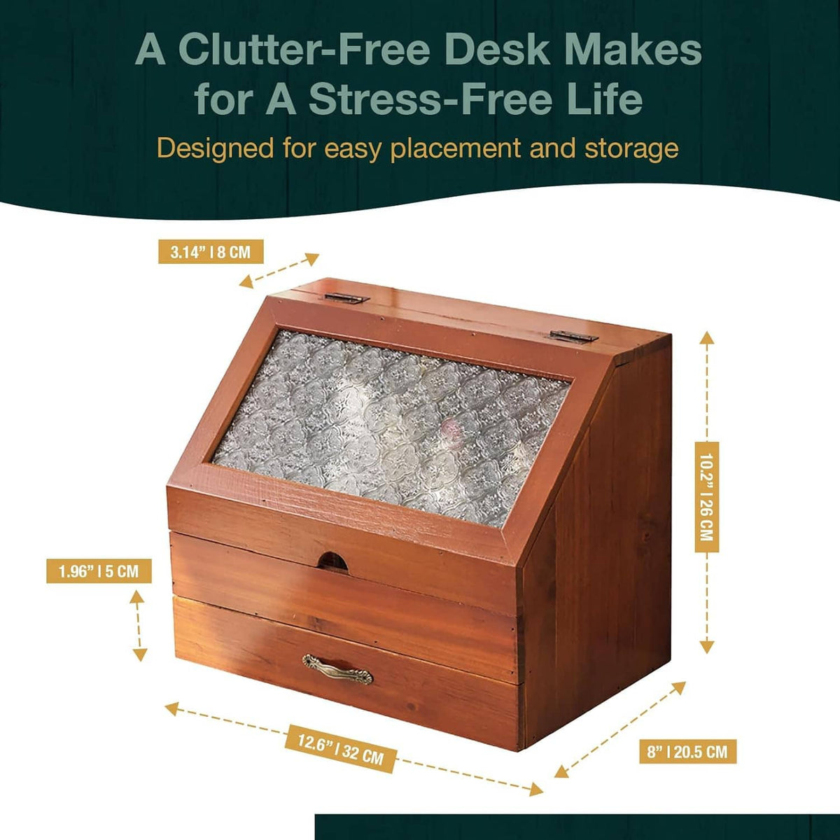 Brown wooden desk organizer with etched floral glass front and pull drawer