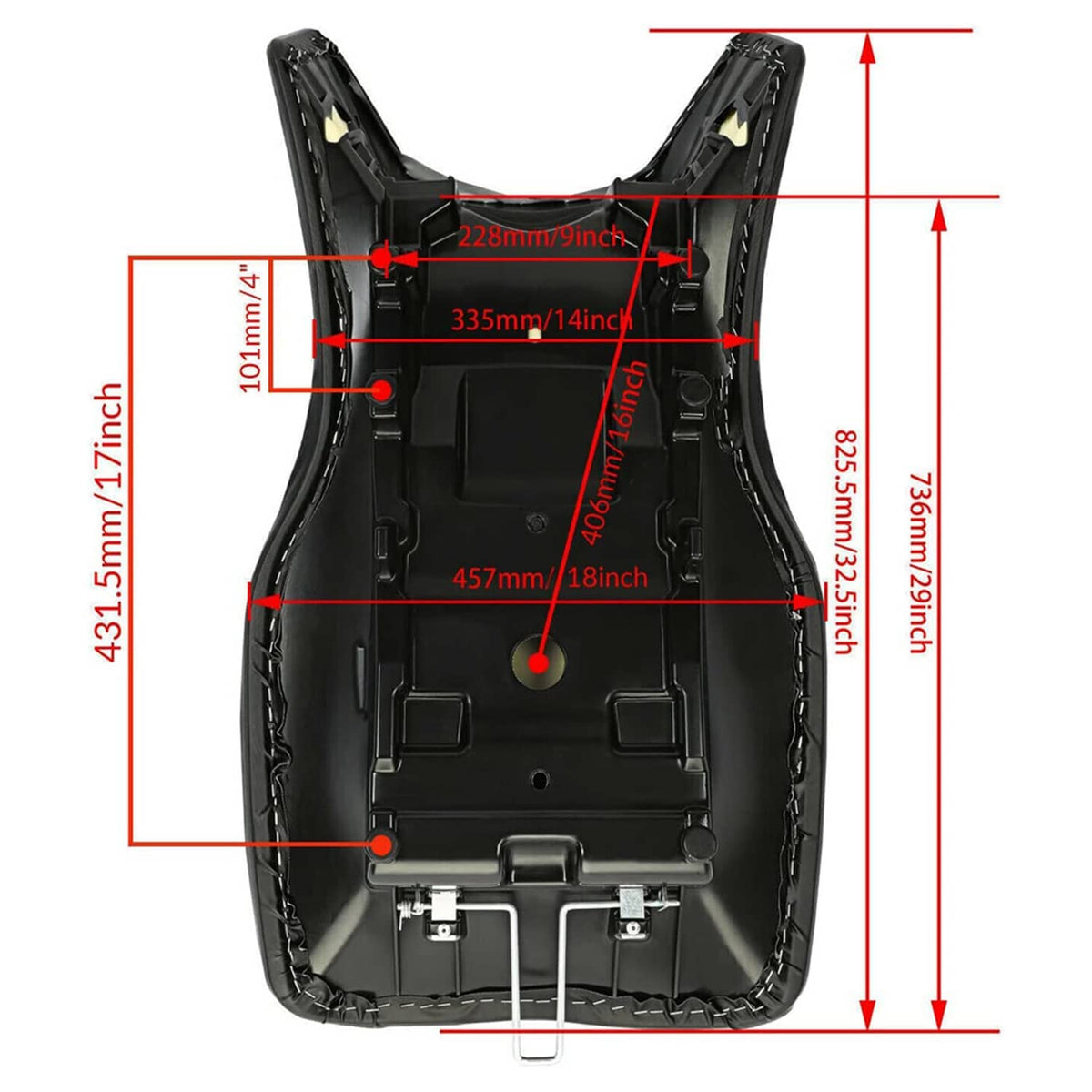 Black underside pan for ATV seat cover with strap holes and brackets