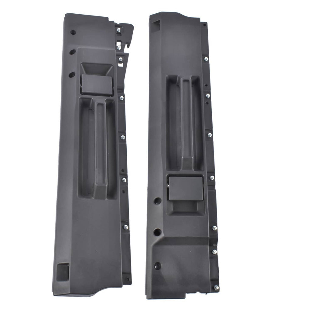 Two black interior door handle components with molded grip channels and mounting holes