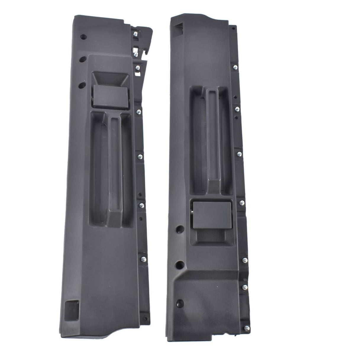 Two black interior door handle components with molded grip channels and mounting holes