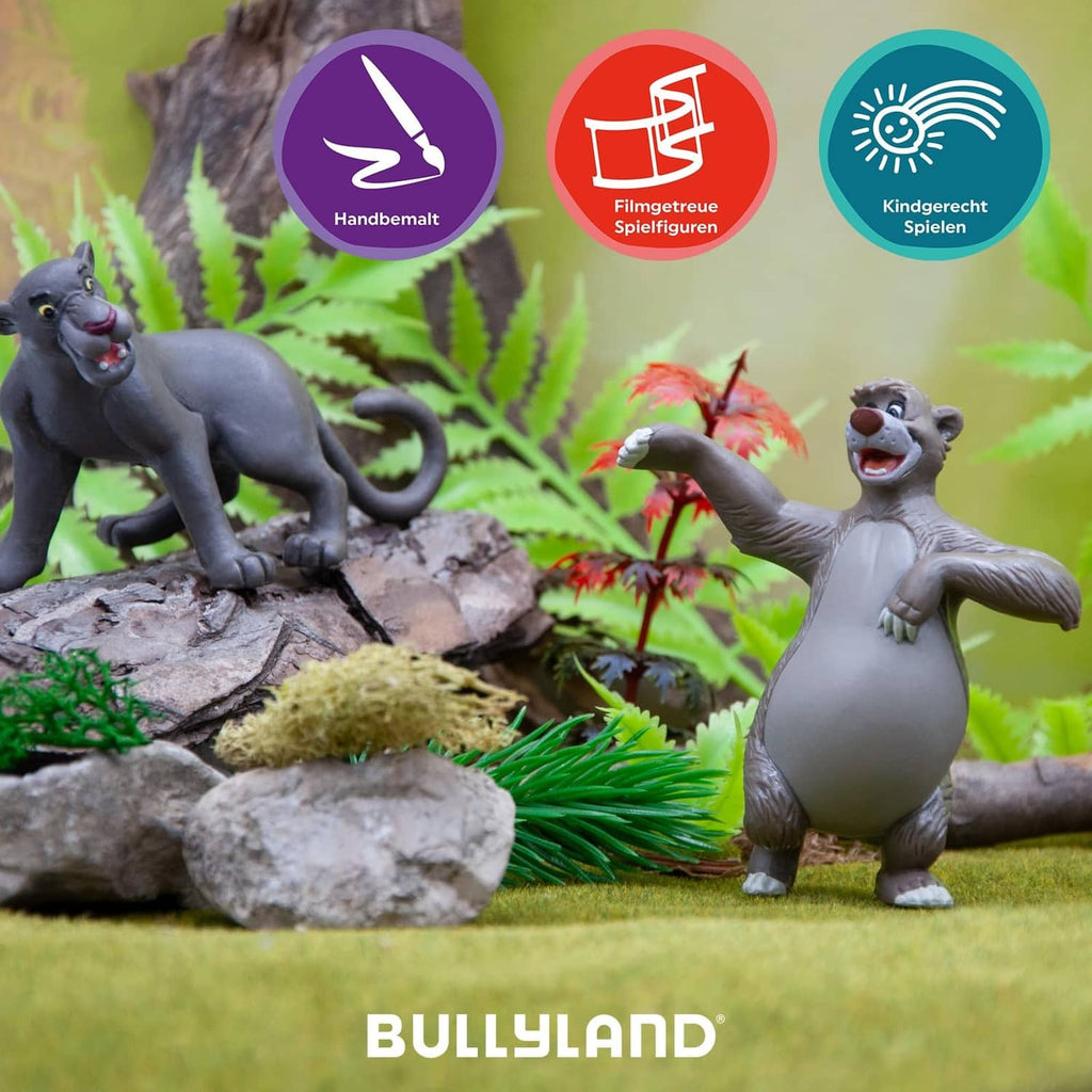 Painted bear toy figure standing in a play scene, grey fur with white belly