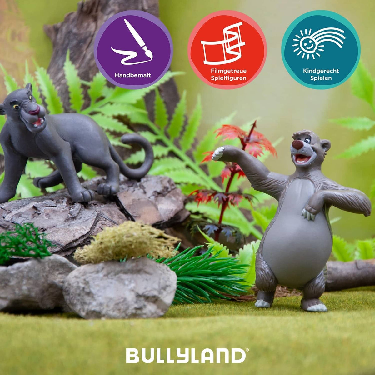 Painted bear toy figure standing in a play scene, grey fur with white belly