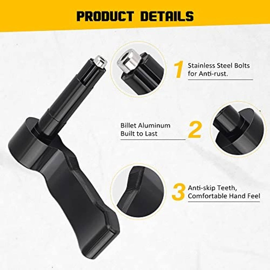 Black thumb throttle lever close-up with anti-slip teeth and stainless bolts