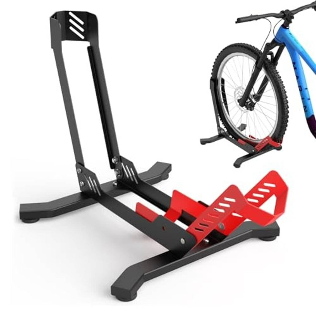 Portable bike floor stand with red front wheel plate and black legs, angled view