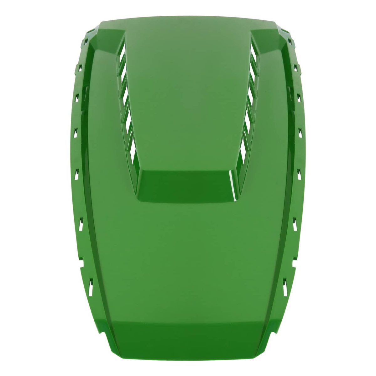 Green hood panel with central recessed area and multiple side mounting slots