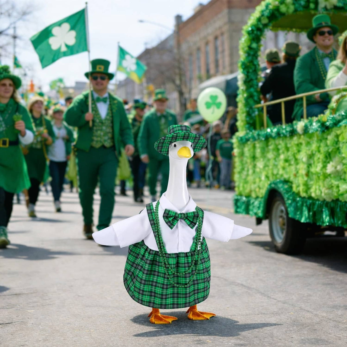 Goose costume with green plaid hat, white wings, bow tie and plaid dress