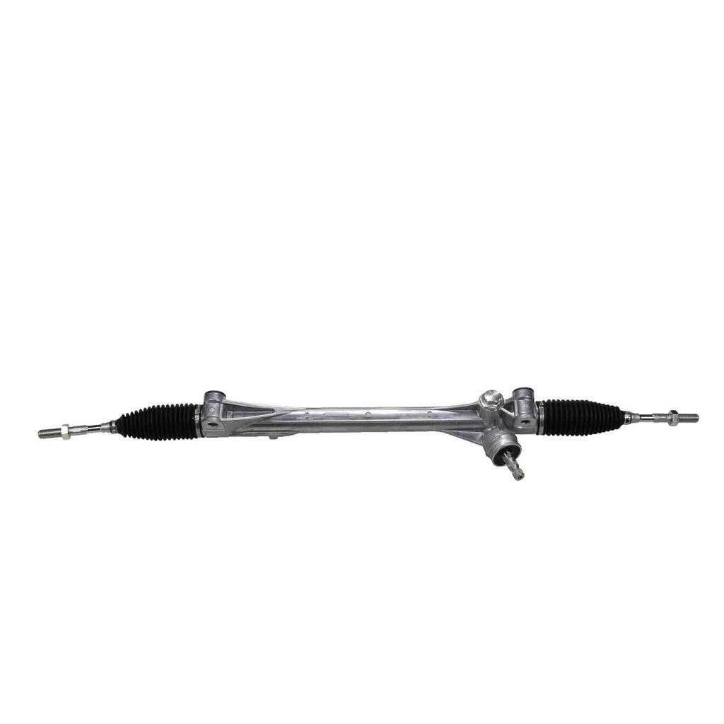 Power steering rack and pinion assembly with black boots and end tie-rod connections.