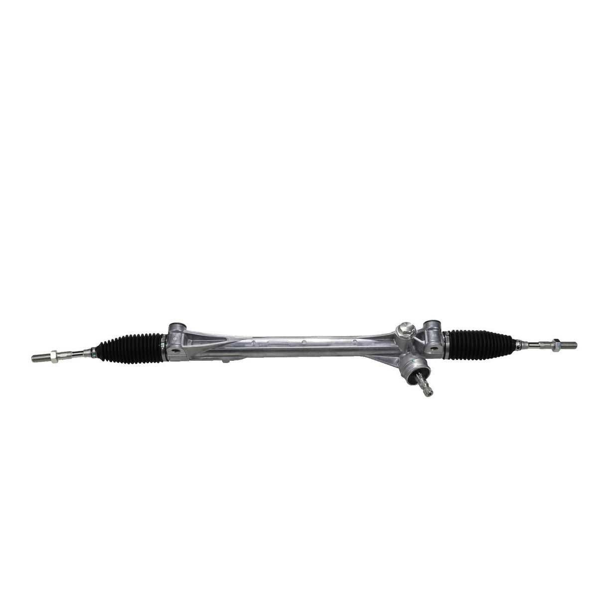 Power steering rack and pinion assembly with black boots and end tie-rod connections.