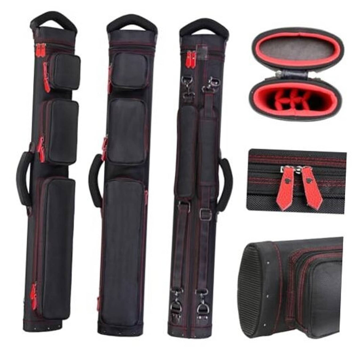 Pool cue case in dark fabric with red trim, zippered pockets, and padded panels