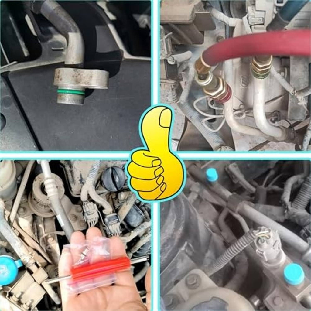 A/C line seal installation showing valve parts and O-ring seating near engine components