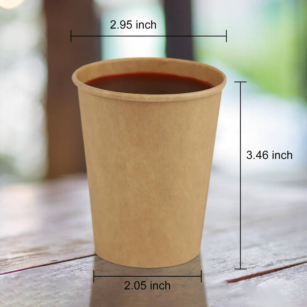 Brown kraft paper cup, upright view with size markers