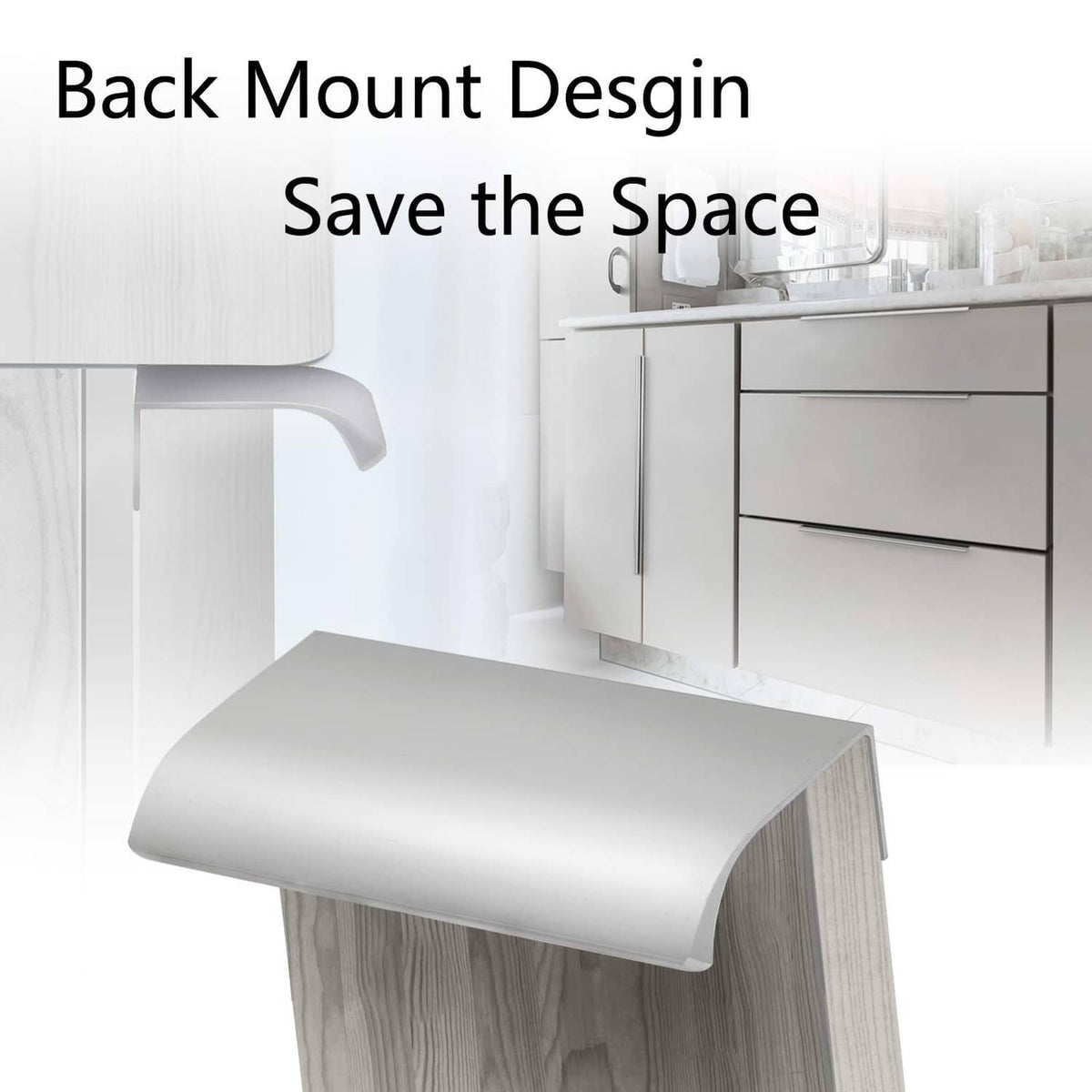 Aluminum finger pull handle for cabinet doors, back-mount style on wood panel