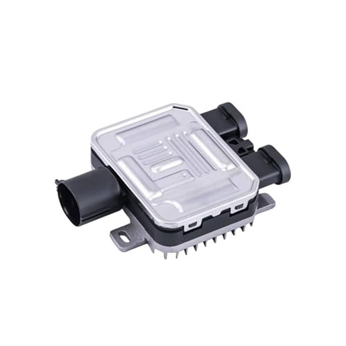 Radiator cooling fan control module relay, silver cover with black side connectors