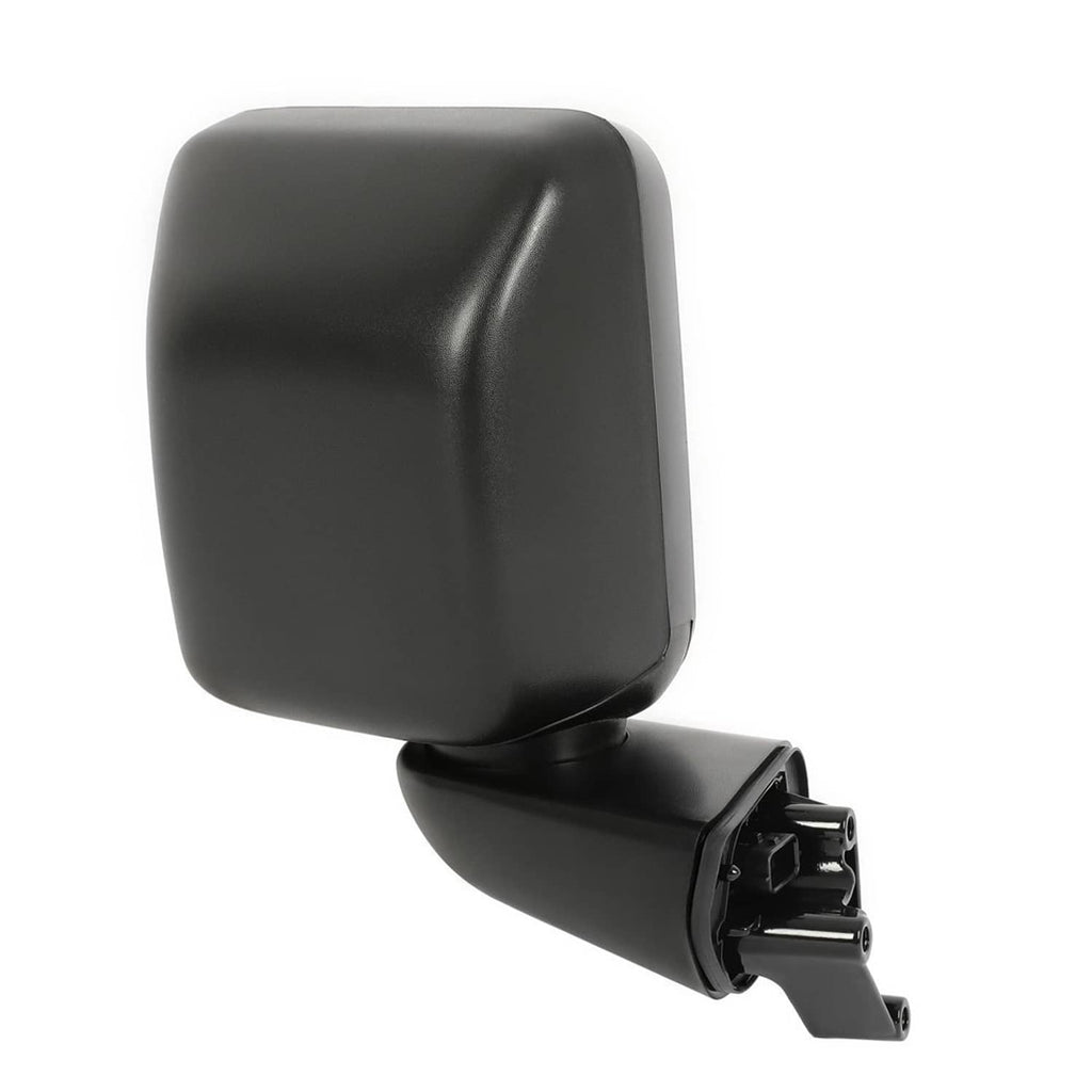 Black heated power side mirror housing close-up with lower mounting hardware.