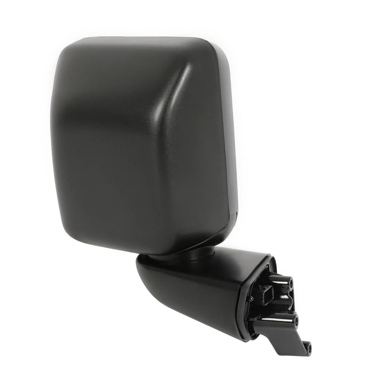 Black heated power side mirror housing close-up with lower mounting hardware.