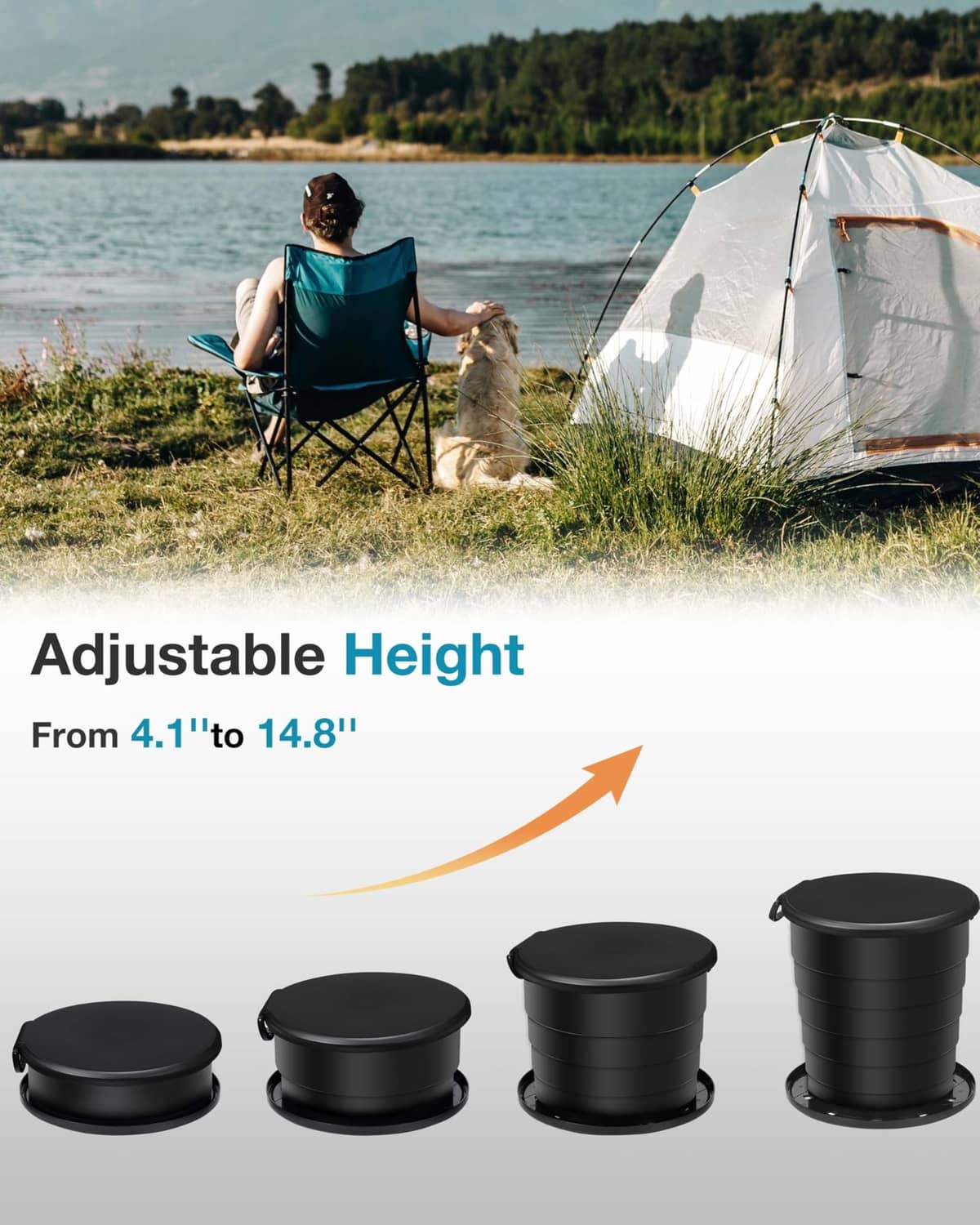 Portable foldable toilet with adjustable height and black round lid, multiple sizes
