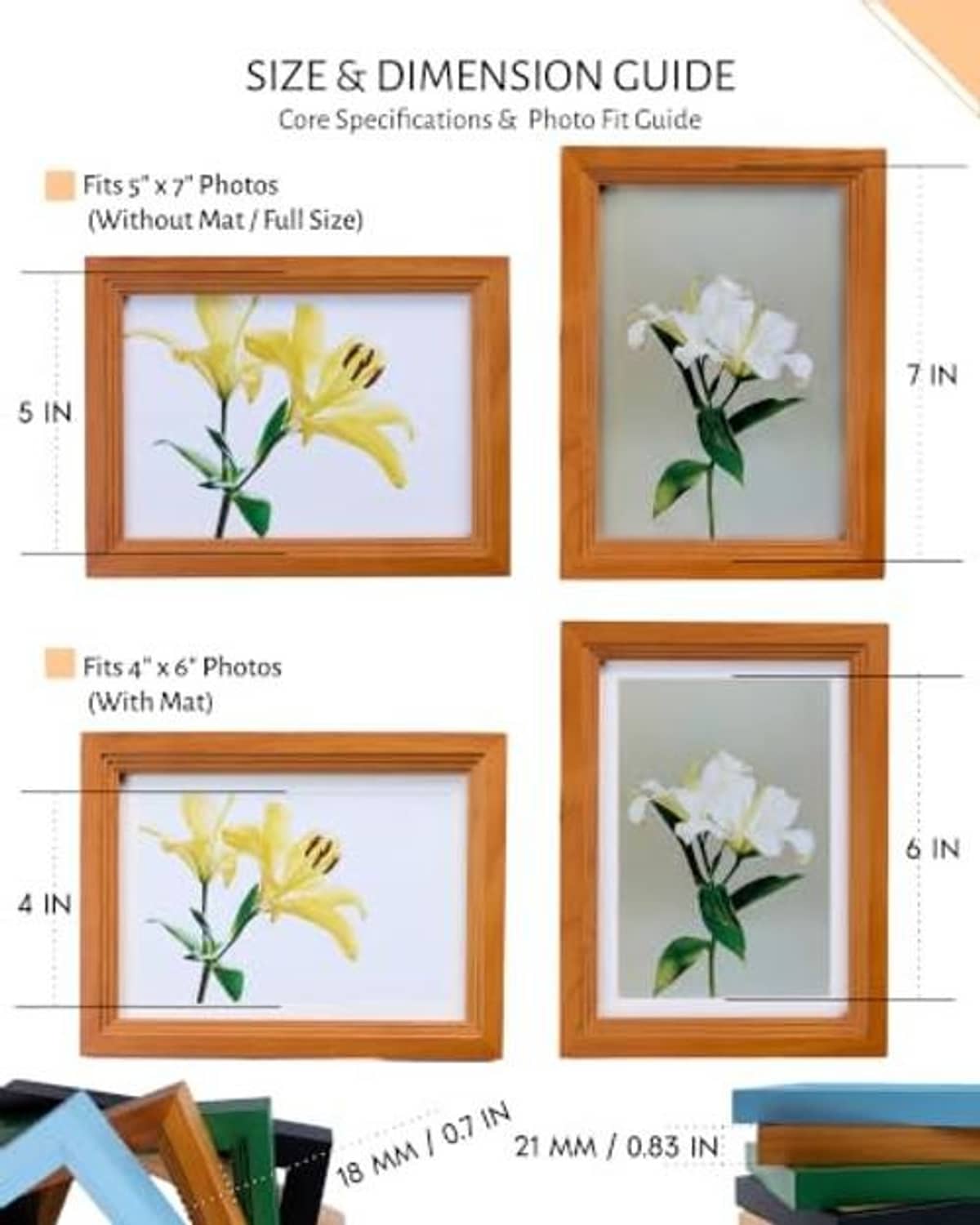Brown wooden picture frame with size guide, showing 5x7 photo opening