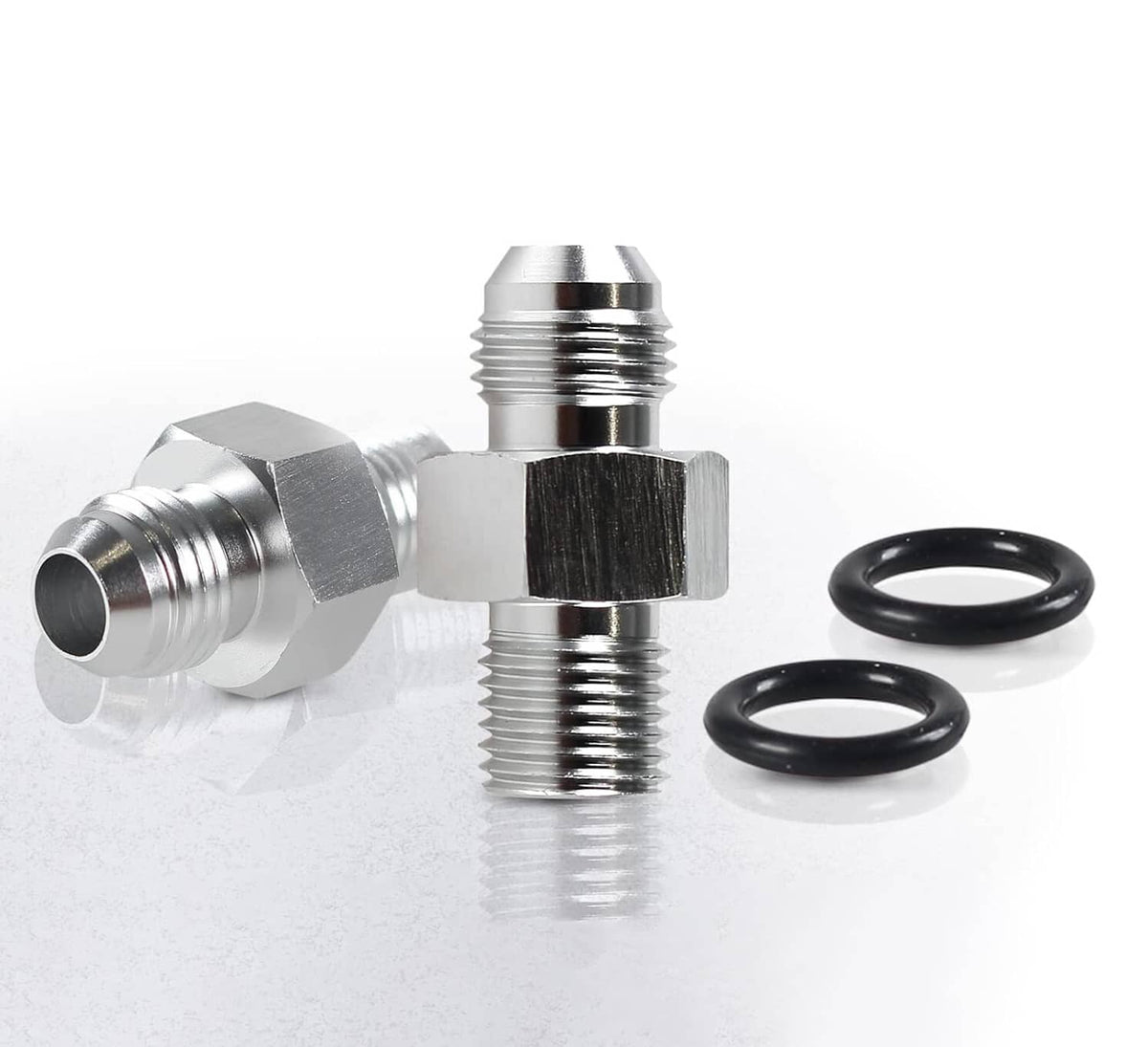 6AN flare-to-1/4" NPSM transmission adapter fitting set with two black O-rings.