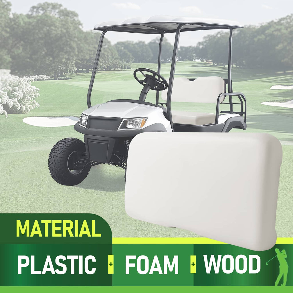 White golf cart front seat bottom cushion mounted on a cart seat bench